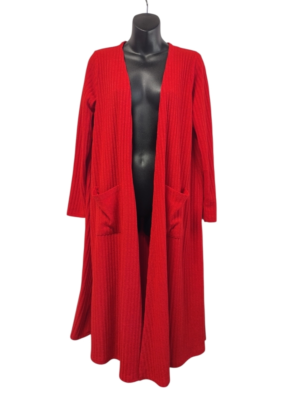 LuLaRoe Savannah Duster Cardigan Red Ribbed Knit Long Open Front Pocket M